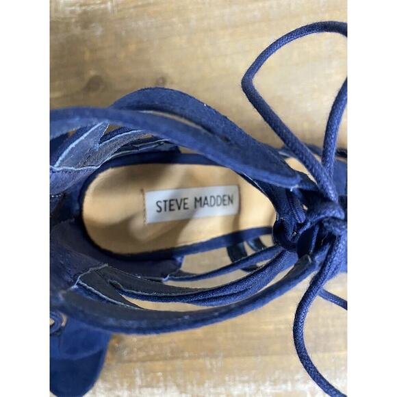 Steve Madden Gal Sandals Sz 6.5‎ Womens Blue Gladiator Lace Up Block Heel - Picture 6 of 14